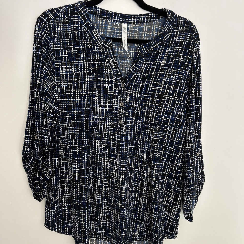 NY Collections Women's Wrinkle Free Top 3/4 Quarter Sleeves Blue Black Medium